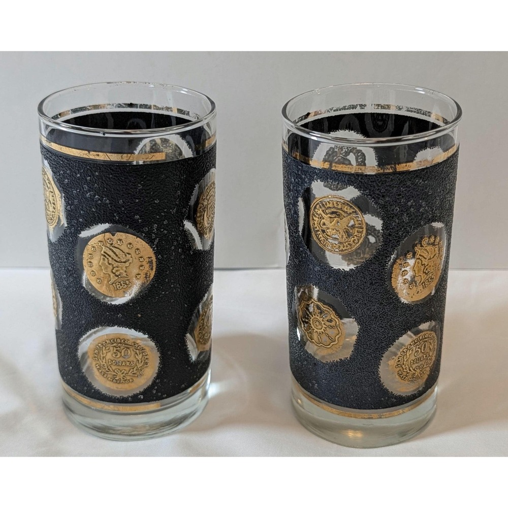 Libbey Gold Coin Highball Cocktail Glasses Set Of 2 Gold & Black Textured